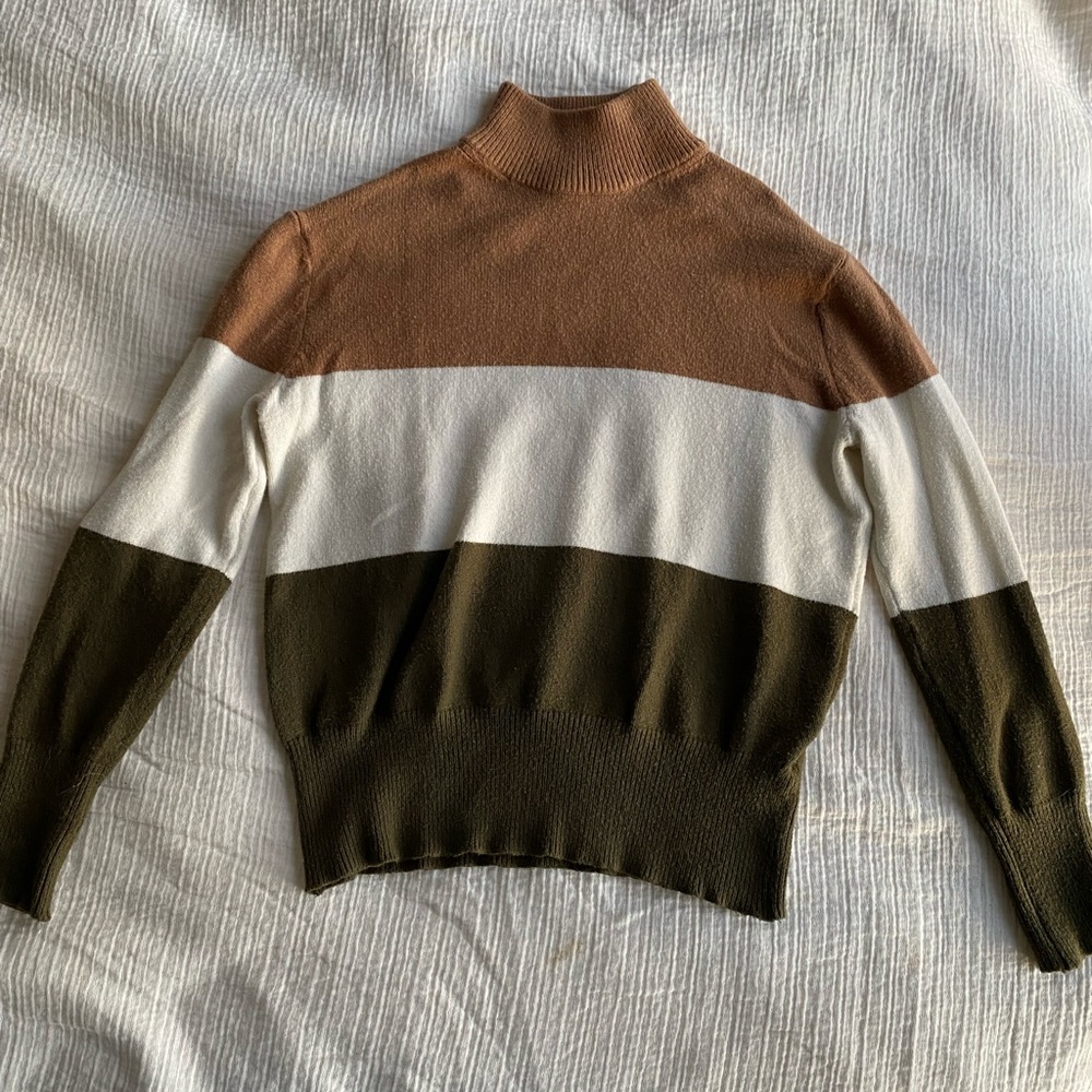 Poof! Tricolor Turtleneck Sweater - Brown, White, Green
